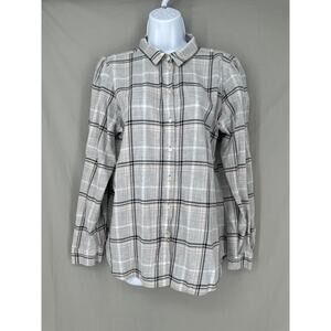 Loft Top Women Large Gray Plaid Button Shirt Long Sleeve Boho Cotton Long Sleeve